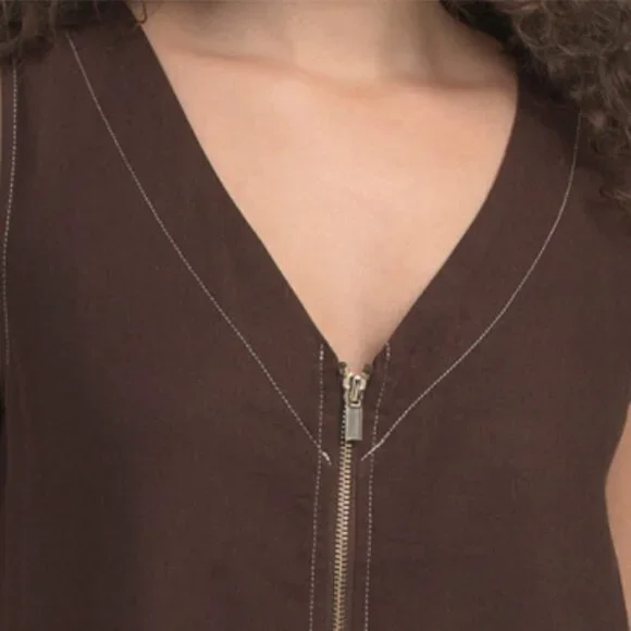 FORCYNTHIA Linen Blend Contrast Stitch Zipper Mini Dress